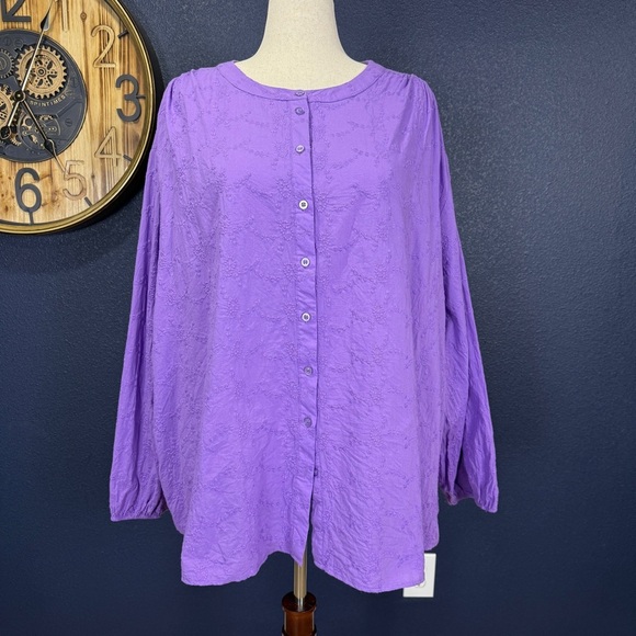 Studio Untold Purple Floral Textured Balloon Sleeve Button Down Blouse Plus Size - Picture 2 of 9